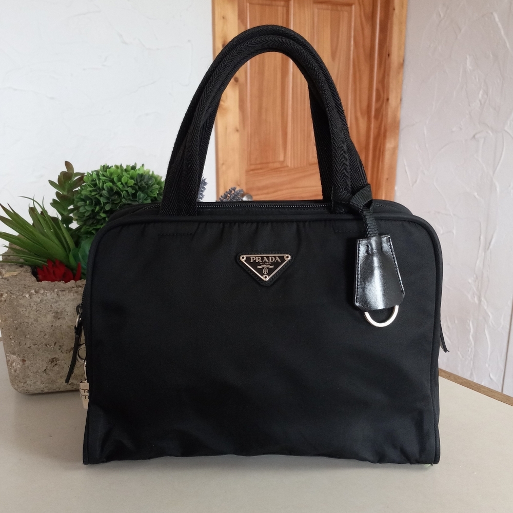 Prada Tessuto, Black Nylon Boston Satchel with Clochette and Combination Lock.